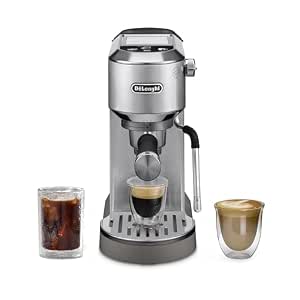 De’Longhi Dedica Duo Cold Brew Espresso Machine with Milk Frother, 15 Bar Pressure, Original Italian Barista Style Coffee Maker, Make Espresso, Latte, Cappuccino & Ice Coffee, Stainless Steel, EC890M