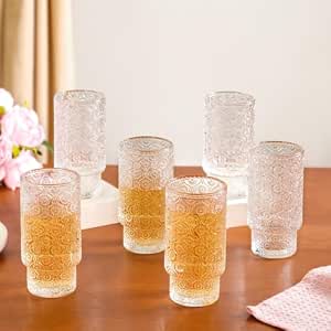 Nestasia Set of 6 Glass Tumblers | Premium Embossed, Durable, Lead-Free, Chip-Resistant Drinkware for Everyday Use and Special Occasions (330ml)