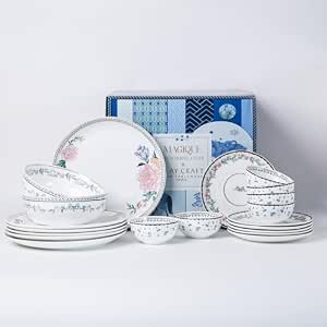 Magique Premium 22k Real Gold Fine Ceramic Dinner Set, 20 Pieces | Slim, Lightweight, Ultra-White | Lead & Cadmium Free | Crockery Set for Wedding & Diwali Gifting
