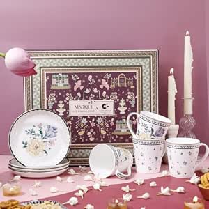 Clay Craft x Magique by The Wishing Chair : Emerald Ribbon – Twilight Bloom Giftbox | Set of 4 Snack Plates and 4 Mugs | Dishwasher Safe | Festive Gifting | GiftBox Packaging